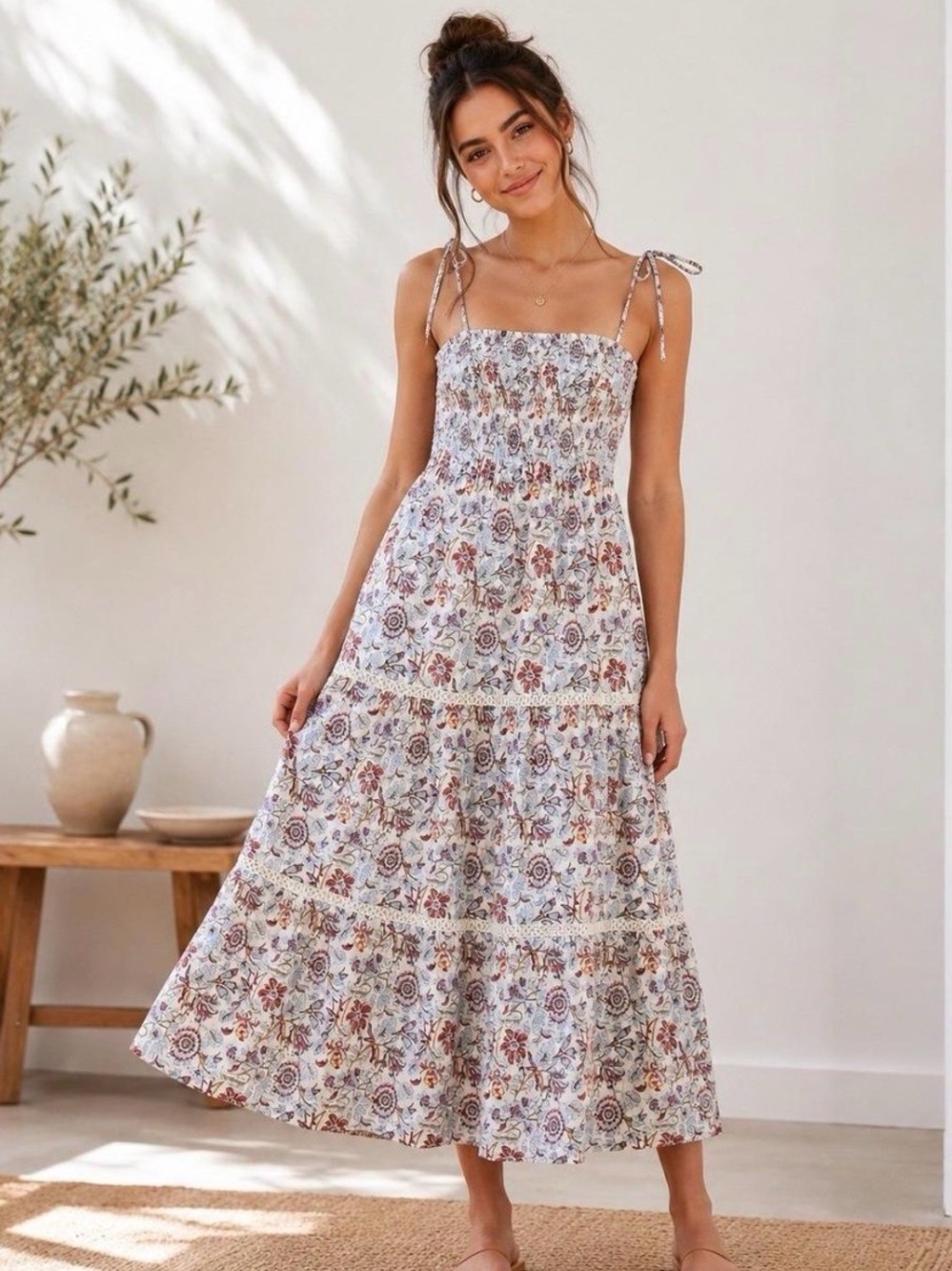 Roller Rabbit White Floral Tie-Shoulder Smocked Maxi Dress